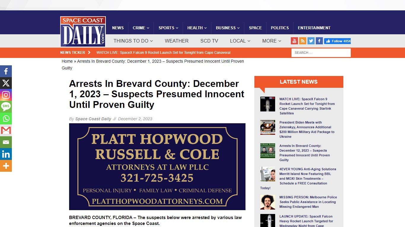 Arrests In Brevard County: December 1, 2023 - Space Coast Daily